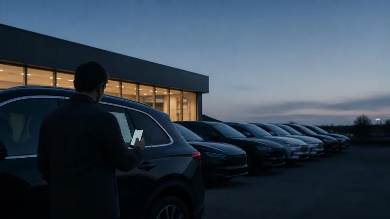 A shopper seen from behind at dusk, holding a phone up to the window sticker of a dark SUV on a dealership lot, the showroom lit behind.