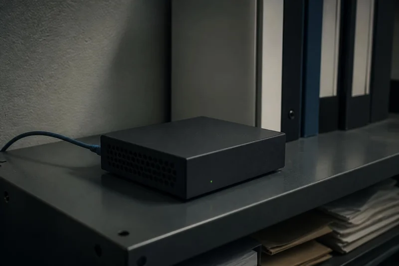 A small, plain dark box on a back office shelf, with one network cable and a green status light.