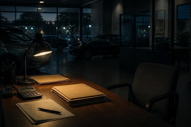 A sales desk after hours under a single lamp, with deal folders, a calculator, and an empty customer chair beside it.