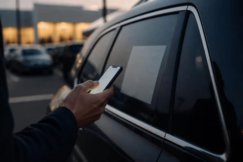 A shopper's hand holding a phone beside the window sticker of a dark SUV on the lot.