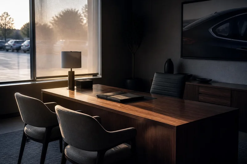 An empty finance office after hours, with a closed leather folio on the desk and two chairs facing it.